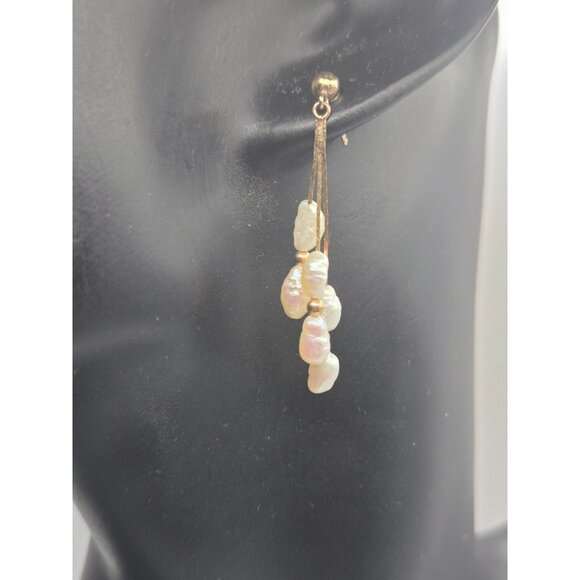 Vintage 14K Gold Baroque Freshwater Pearl Dangle Earrings - Picture 9 of 9